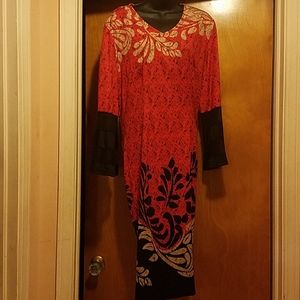 Womens Oriental-print dress w/sheer wrist panels